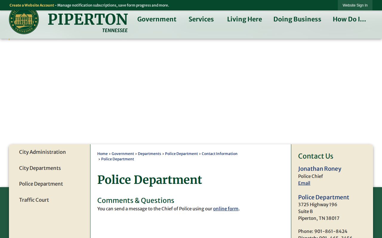 Piperton Fayette County police-record contact page for arrest and court record routing