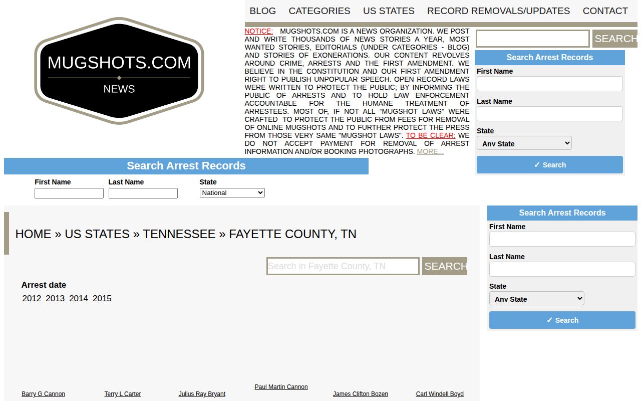 Unofficial Mugshots.com Fayette County arrest-news index for secondary records context