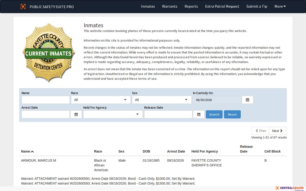 Fayette County current inmate roster search interface for booking records
